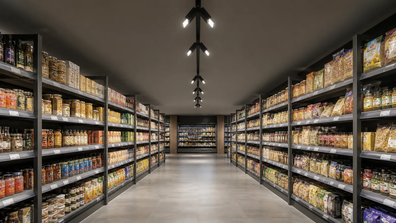 Dual-panel linear track lights aimed at both sides of a retail aisle