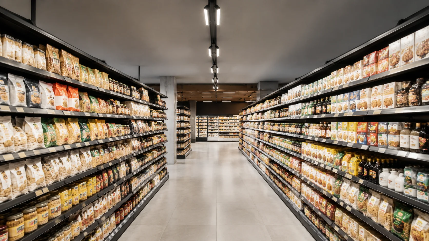 Dual-panel track lighting in a supermarket aisle