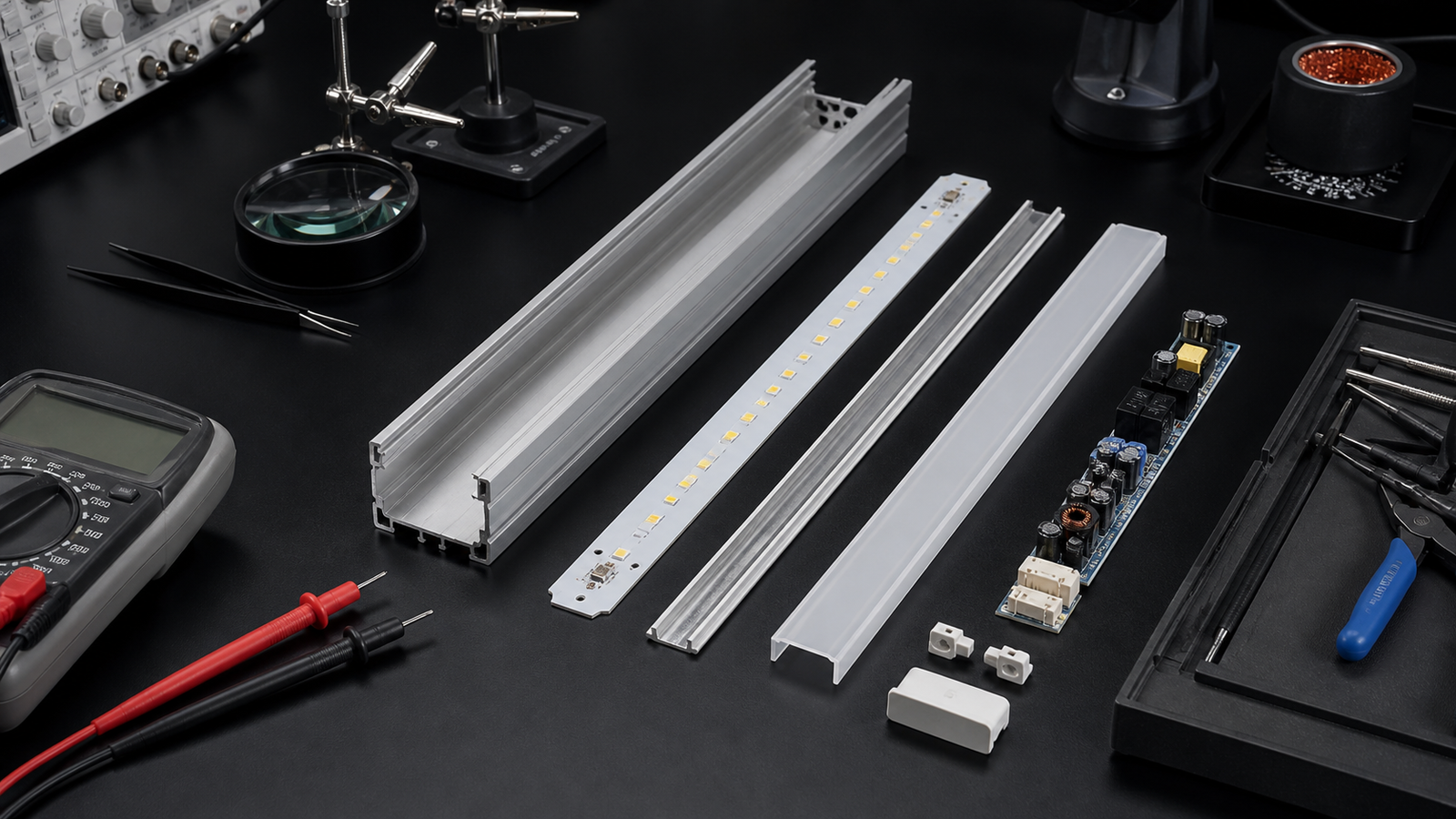Technician inspecting LED linear light driver wiring and thermal components