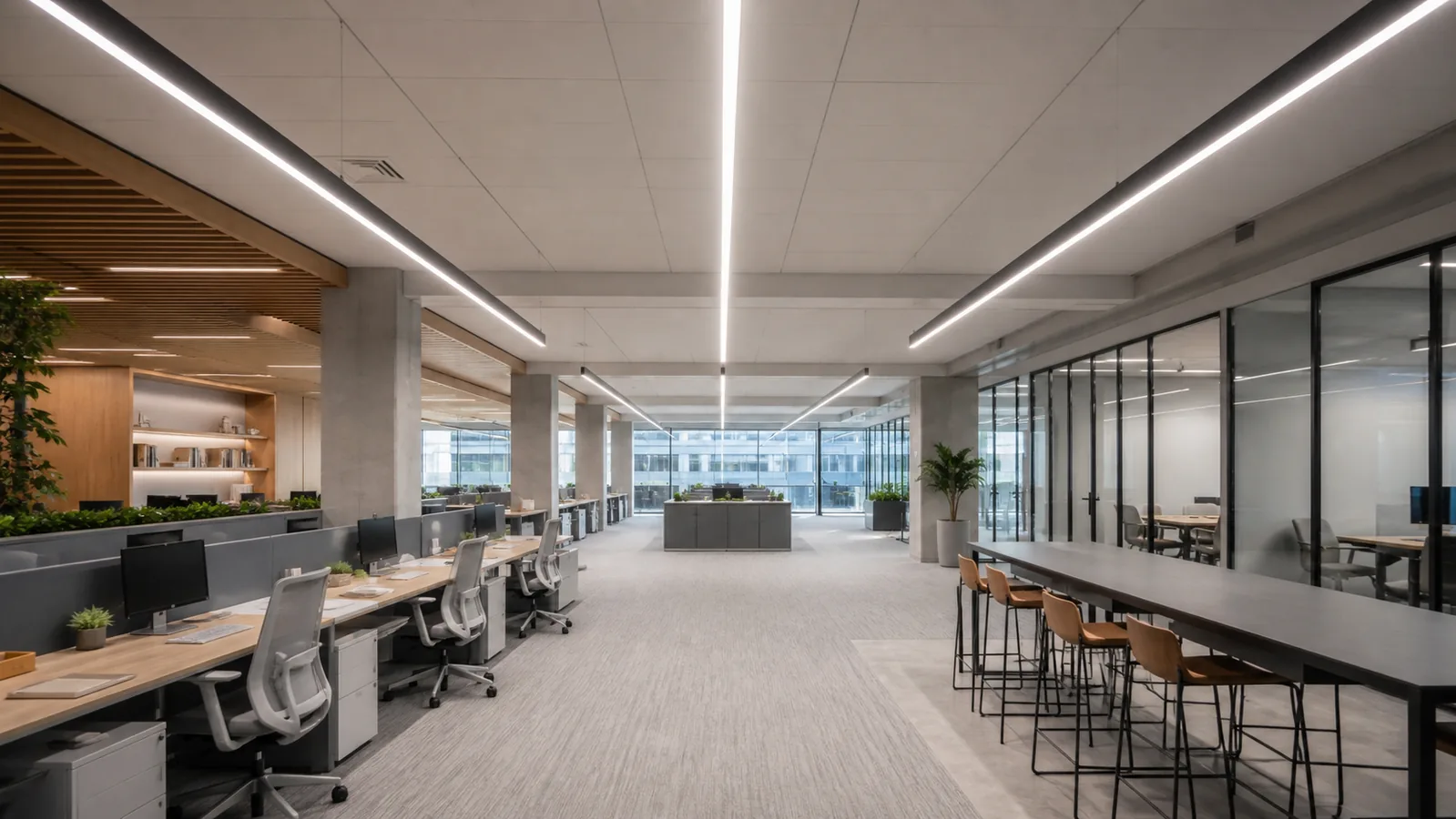 LED linear light fixtures illuminating a modern commercial office