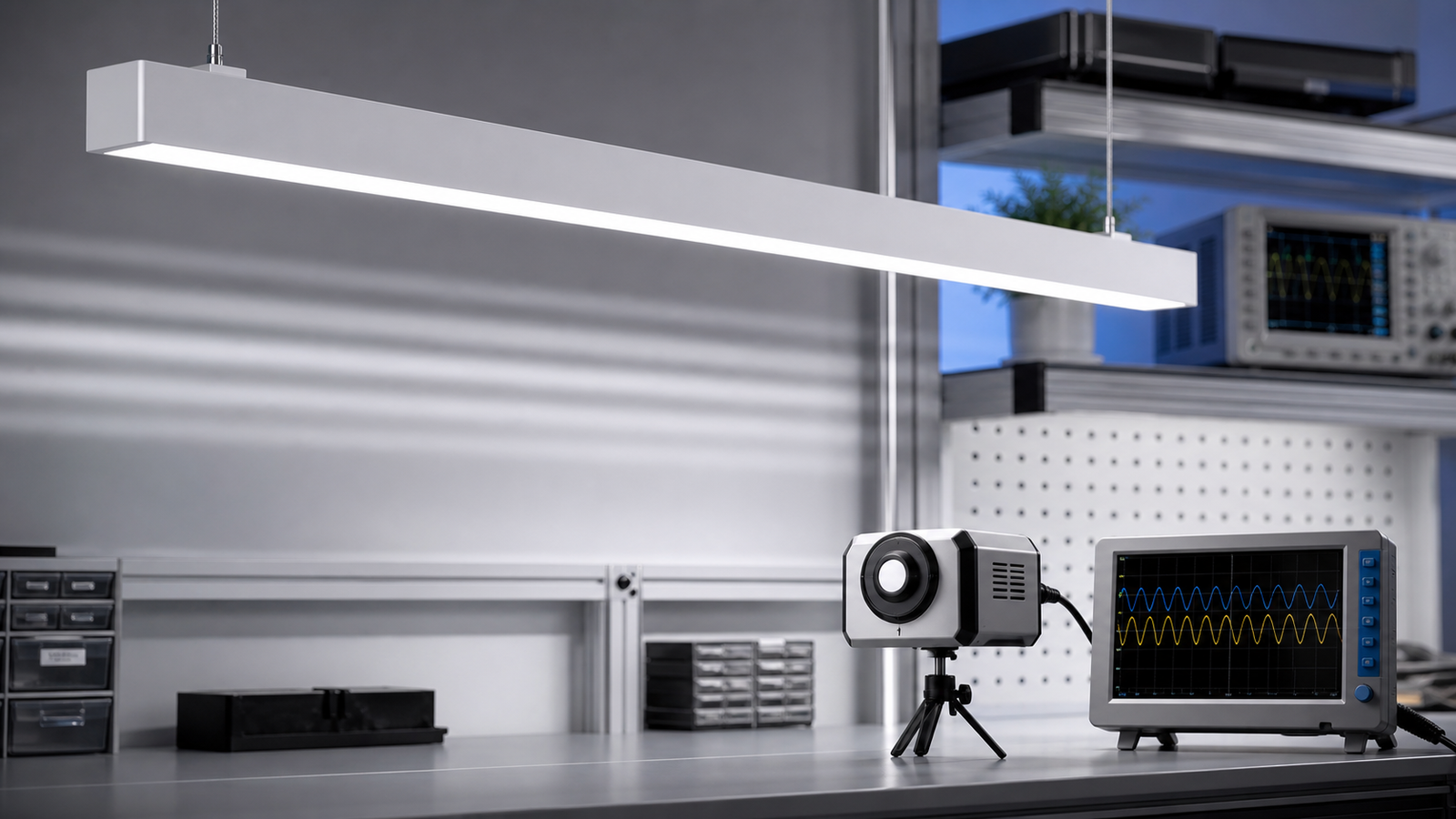 Technician testing LED linear light flicker with a professional light meter