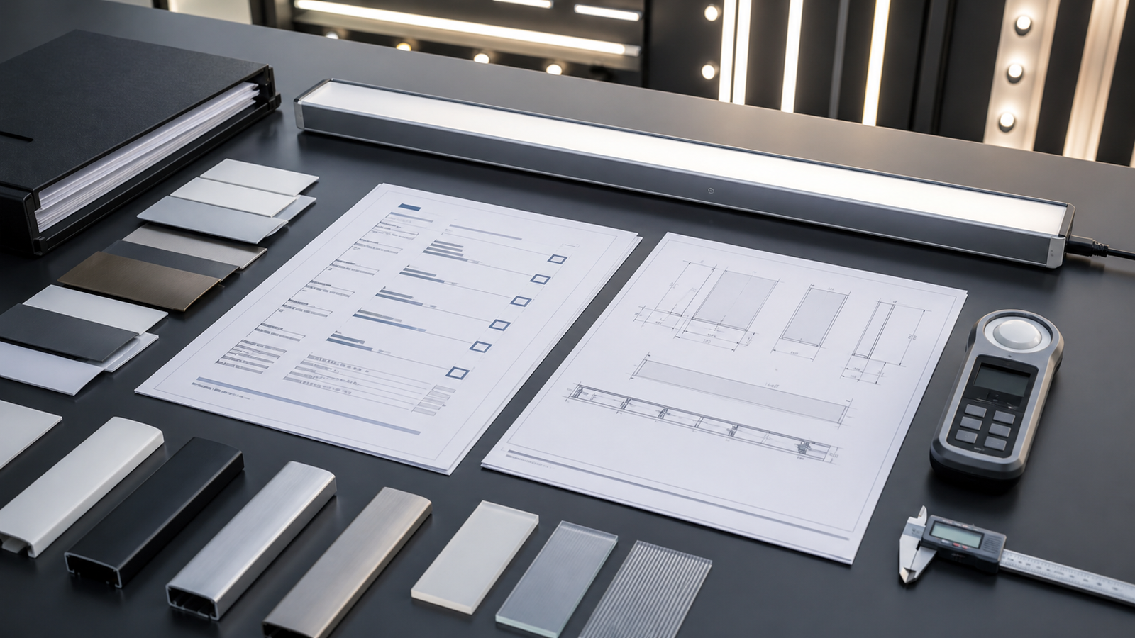 LED linear lighting RFQ and sample approval checklist on a project desk