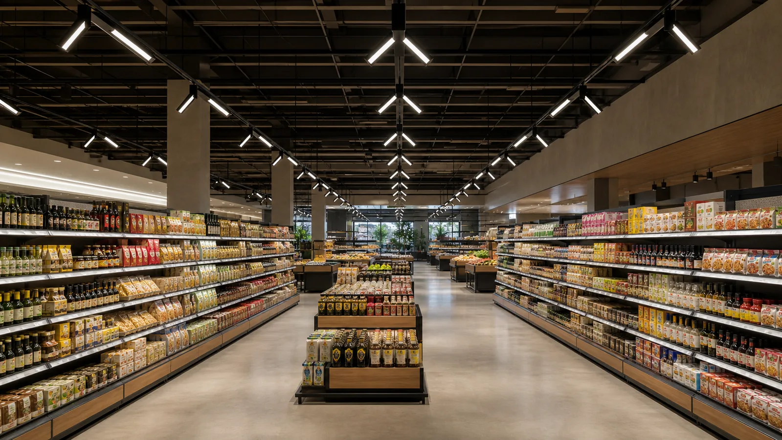 Linear track lights illuminating shelves in a modern retail store
