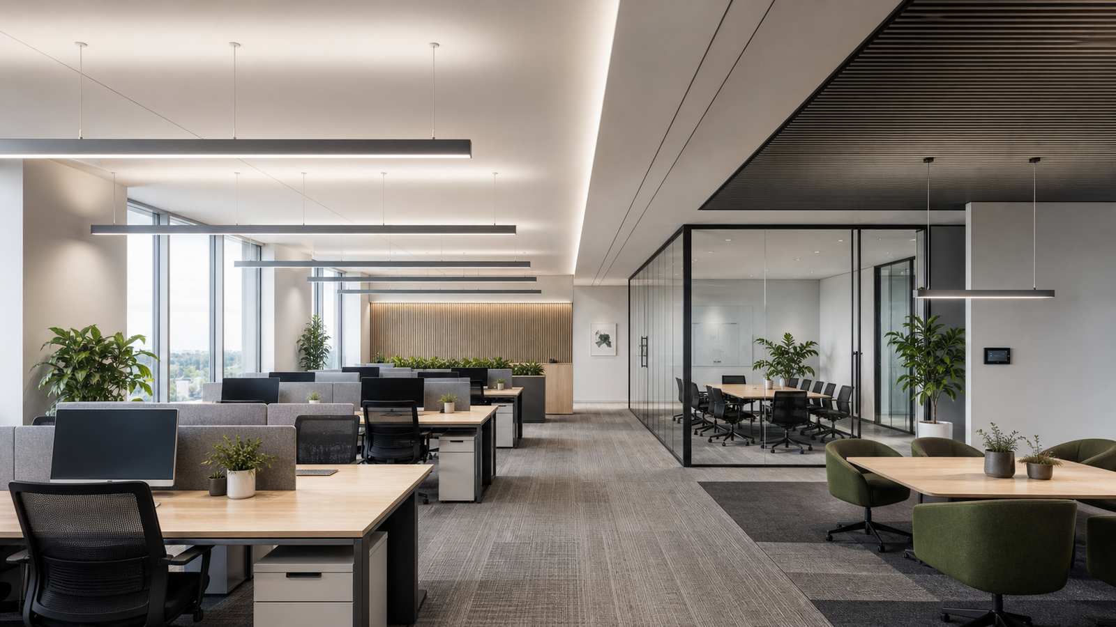 Office linear lighting layout with glare control and DALI zones