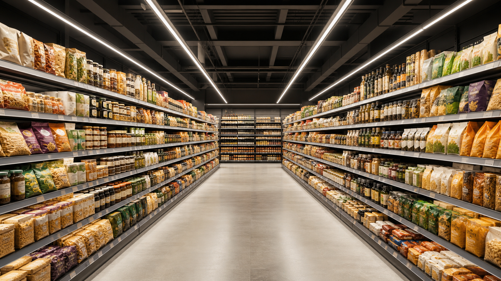 Supermarket shelf lighting illuminating vertical merchandise displays