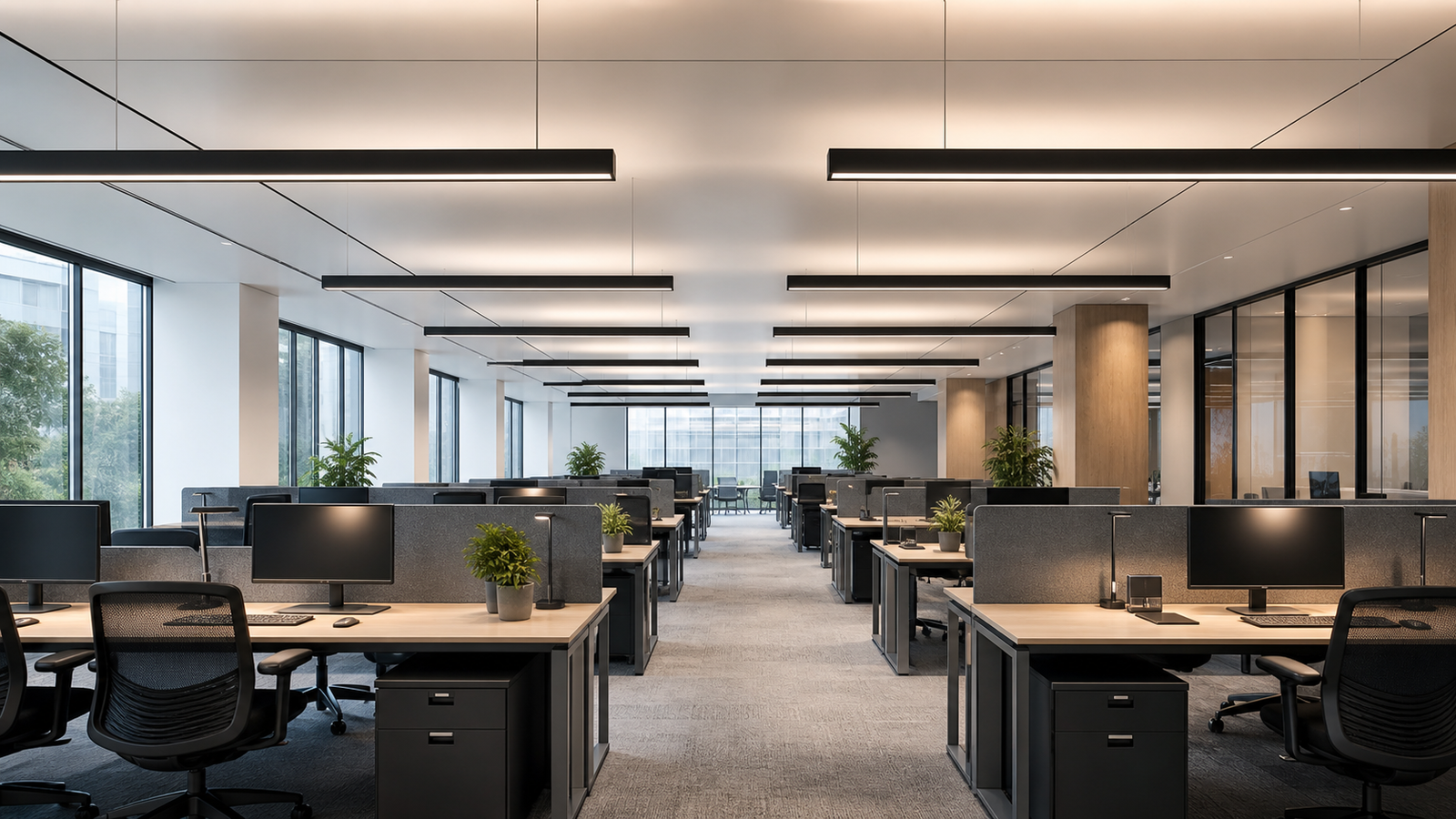 Low-glare LED linear lighting above office workstations