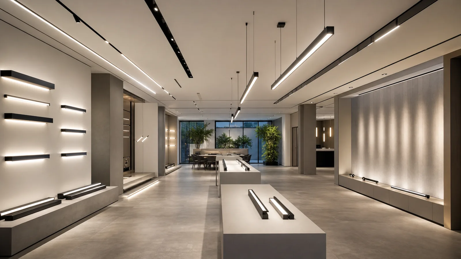 Different types of LED linear lighting installed in a commercial showroom