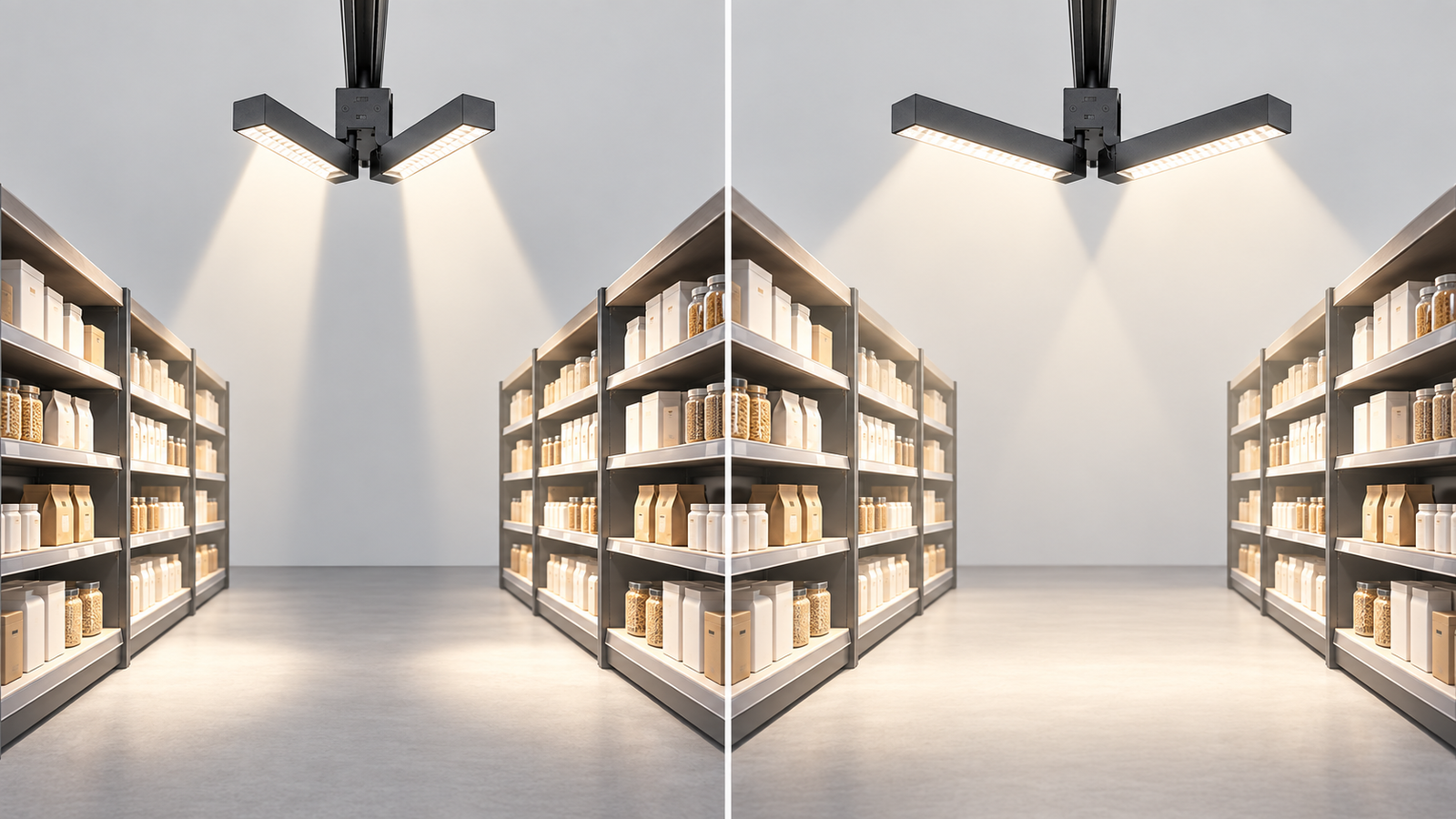 Comparison of controlled and wide beam distributions for retail aisle track lighting