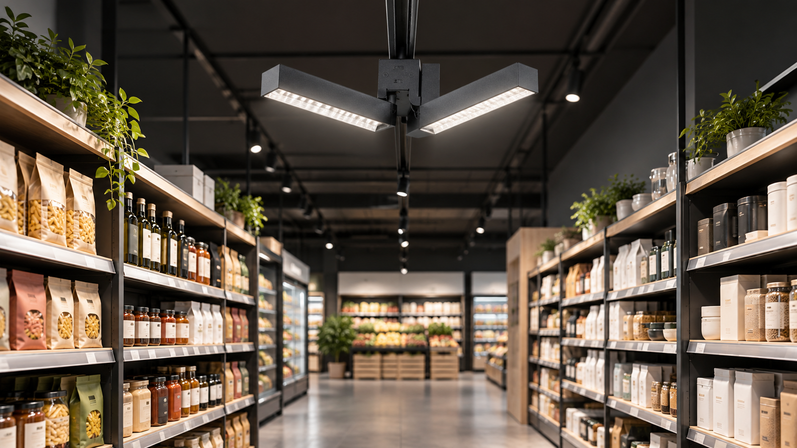 Adjustable dual-panel LED linear track light illuminating both sides of a retail aisle