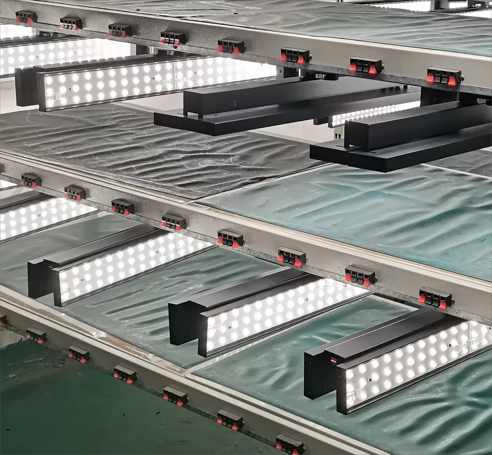 Dual-panel LED track lights undergoing factory aging test