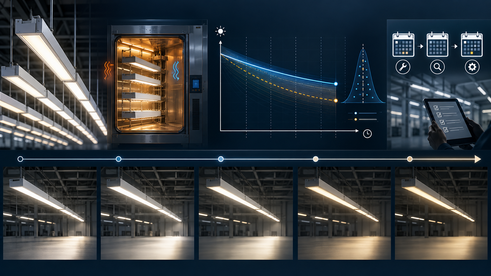 LED lifetime infographic showing environmental testing lumen depreciation population spread and maintenance planning