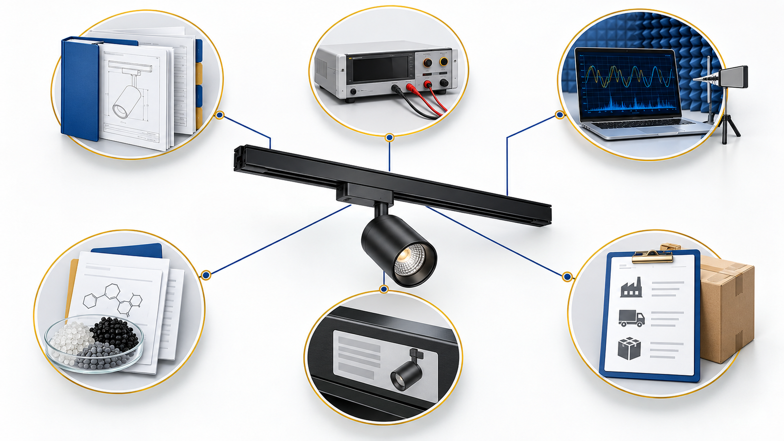 Technical infographic connecting an LED track luminaire to safety EMC materials labelling and traceability evidence