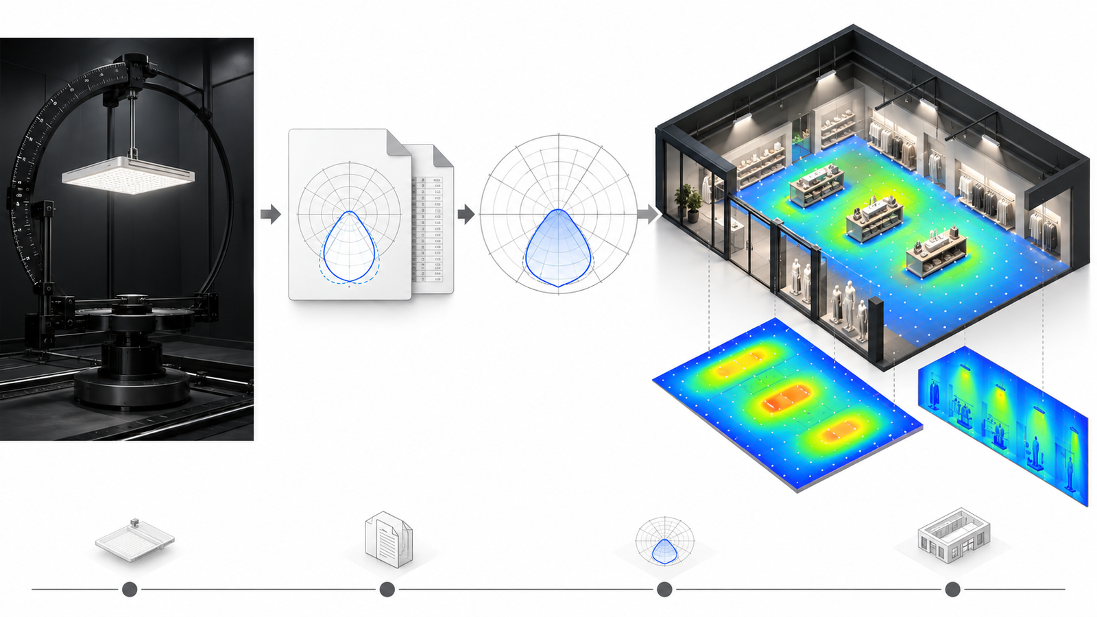 Photometric workflow infographic from goniophotometer measurement to digital file polar curve and retail calculation grids
