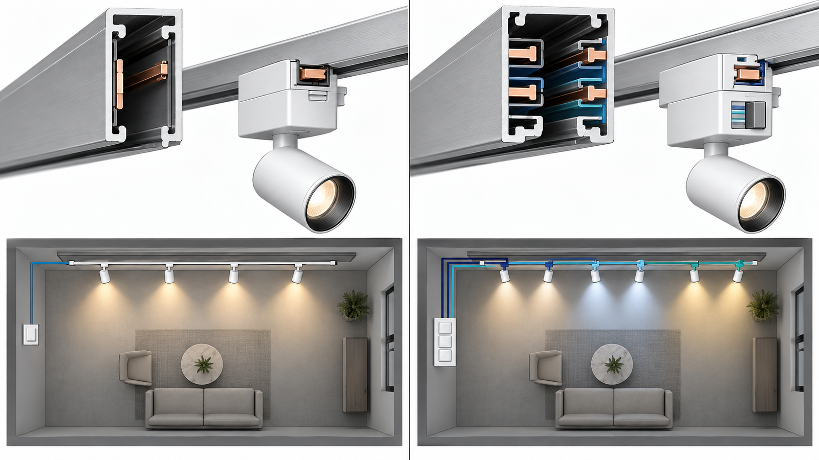 Technical comparison showing rail cross sections and one lighting group versus several selectable groups