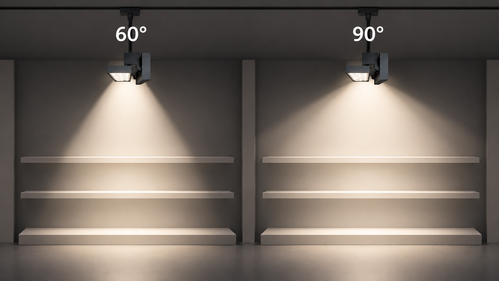 Comparison of 60 degree and 90 degree beam spreads from adjustable LED linear track lights on retail shelves