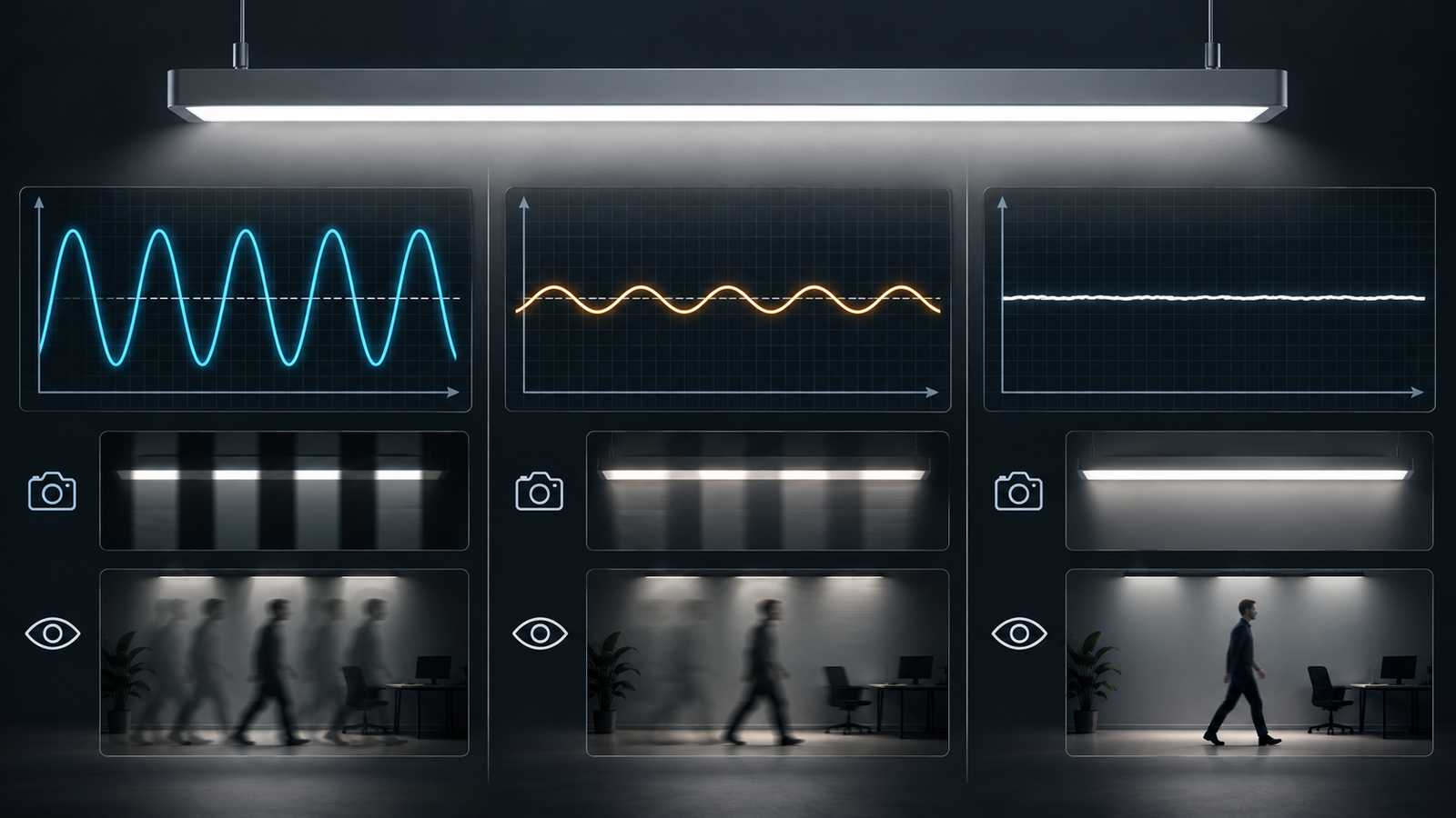 Technical comparison of deep shallow and nearly flat LED light output waveforms and their effects on cameras and moving observers