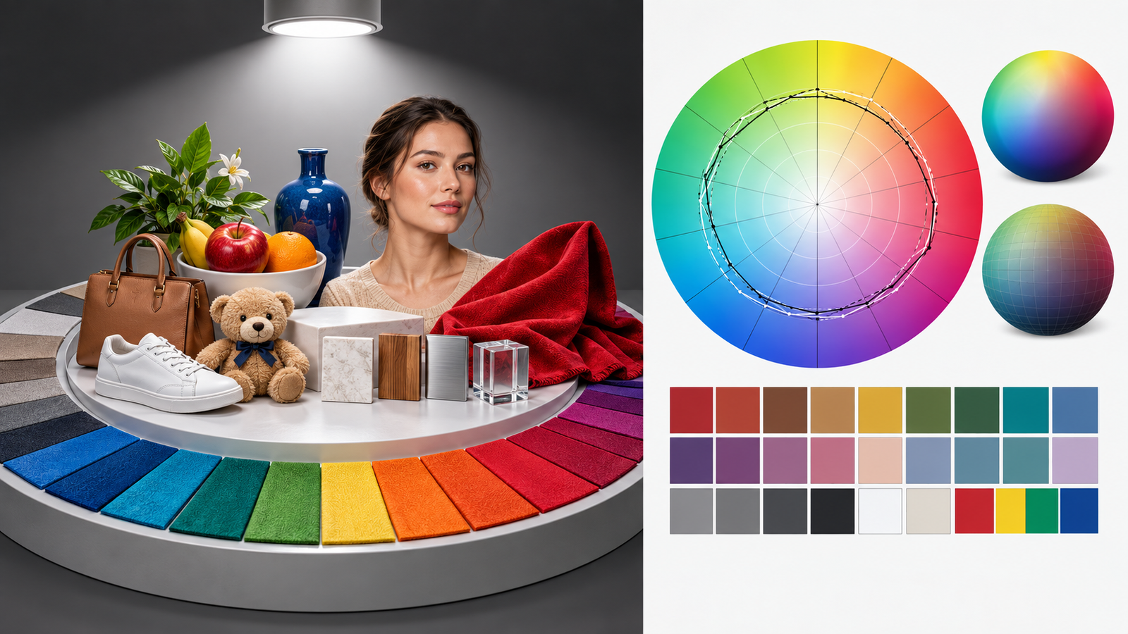 Colour rendition infographic with retail materials skin tone red fabric colour samples and a colour vector graphic