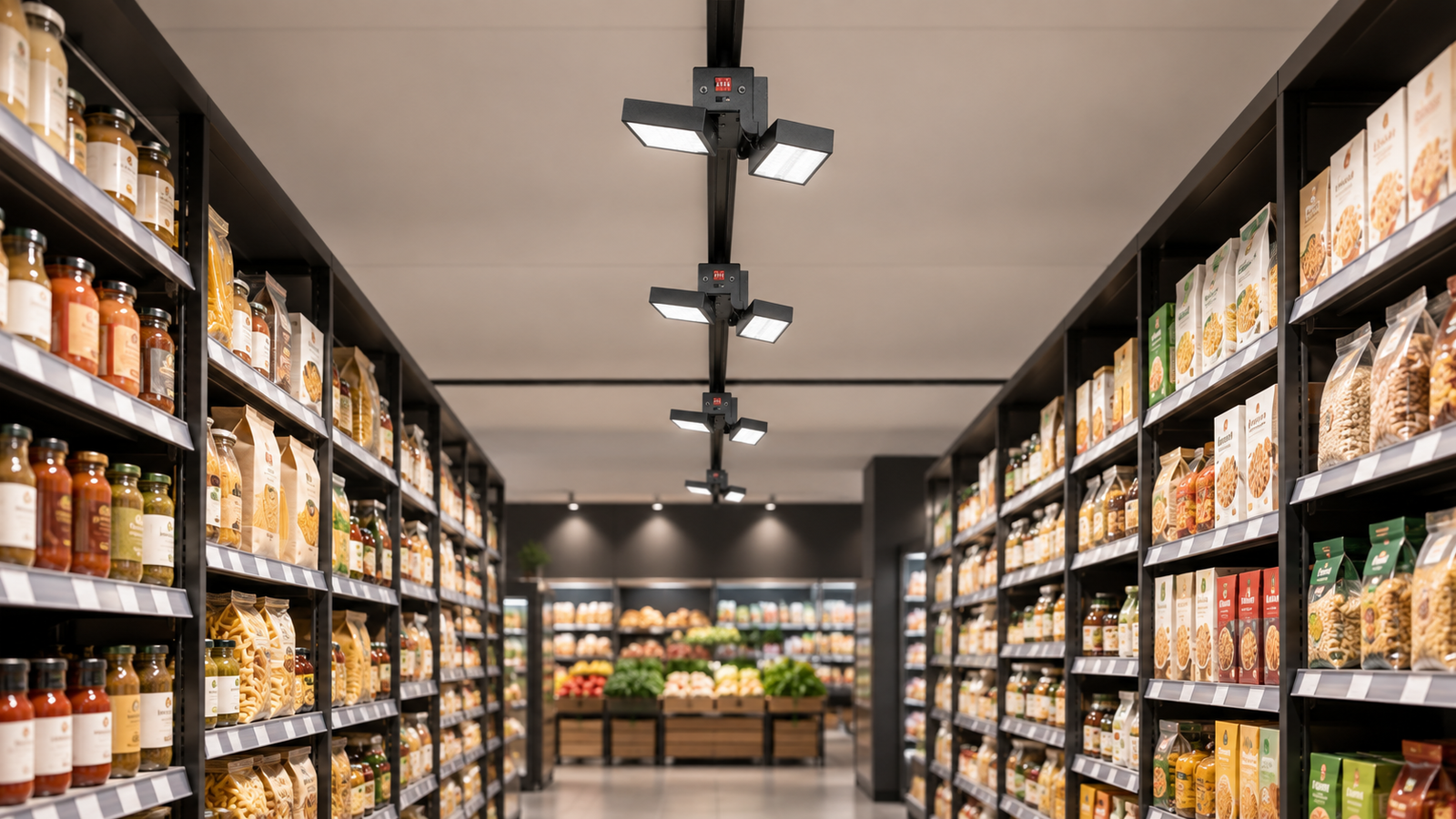 Adjustable dual-panel LED linear track lights aiming light toward both sides of a modern retail aisle