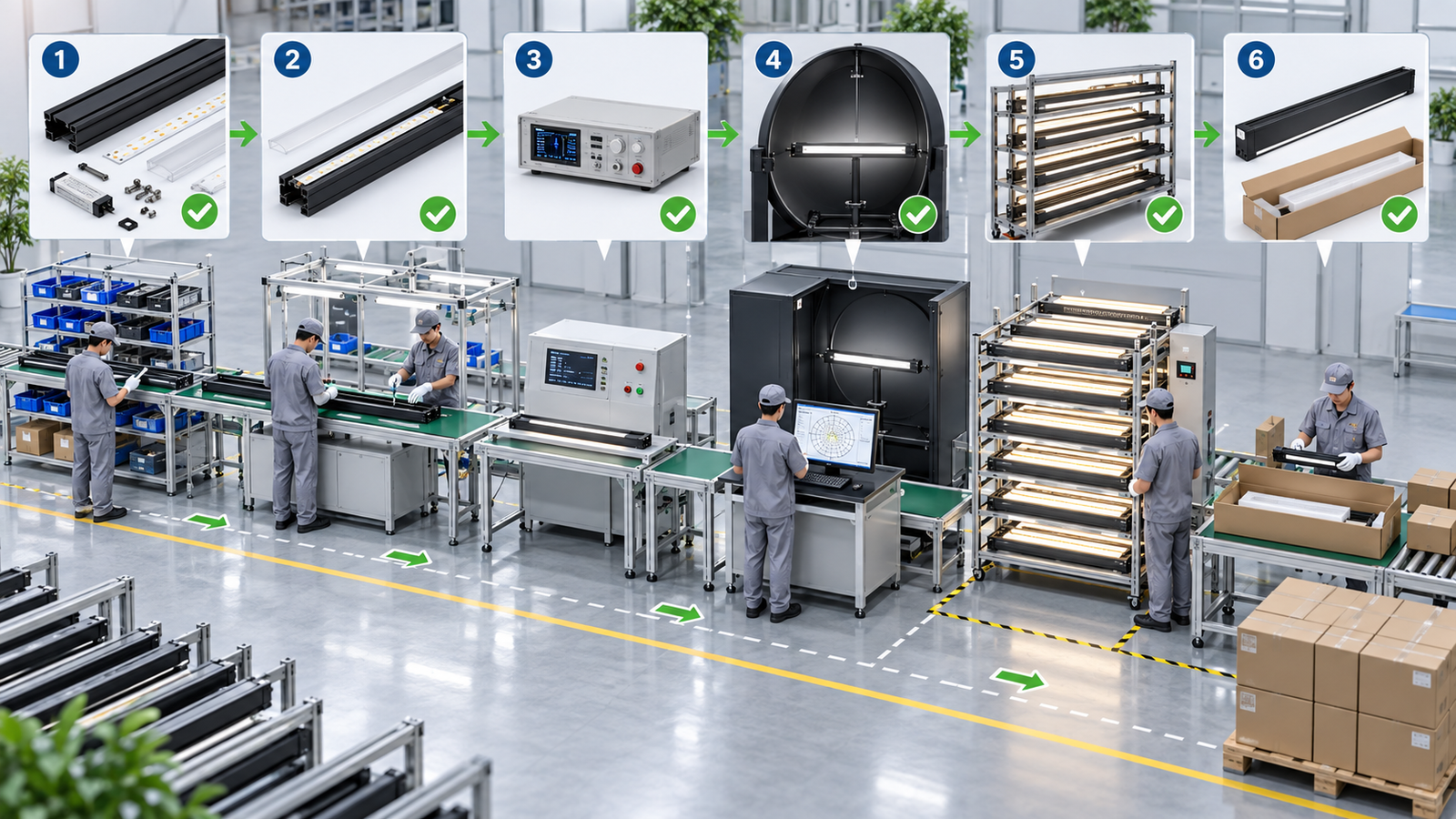 Quality control workflow infographic showing incoming components assembly electrical test photometric measurement aging and packing