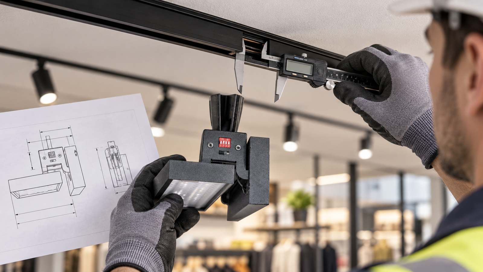Lighting installer measures an existing track rail and compares the adapter before fitting an adjustable dual-panel LED fixture