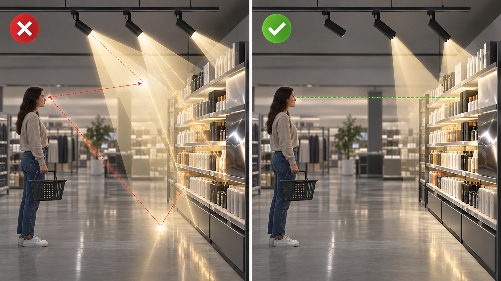 Sectional retail lighting diagram comparing reflected glare and corrected shielded aiming toward shelves