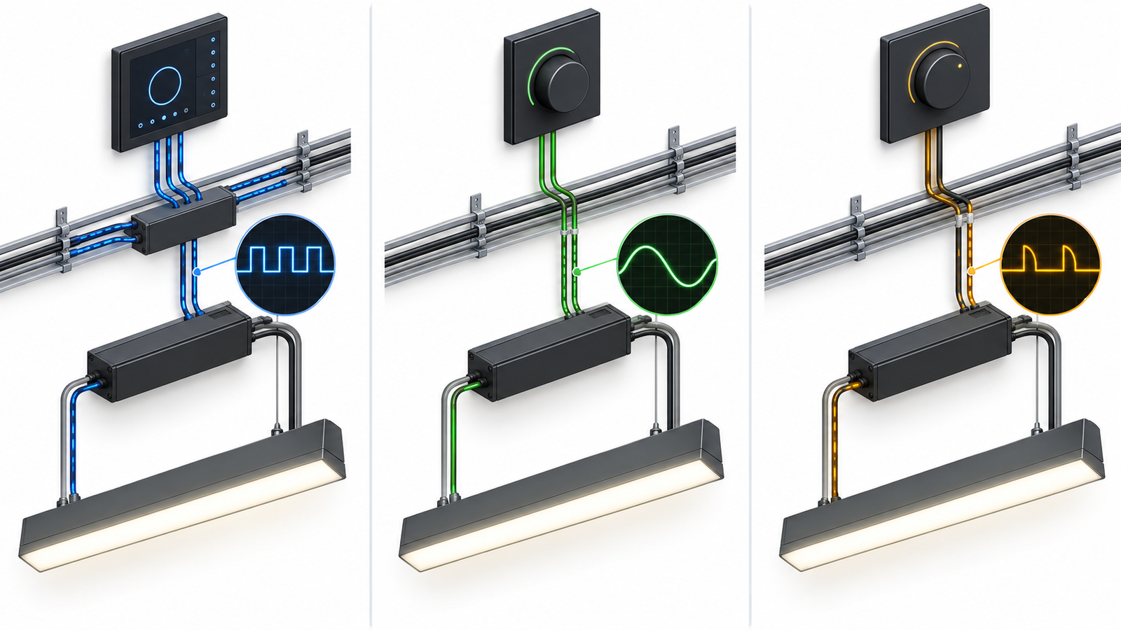 Three-column technical comparison of digital analog and phase-cut lighting control signal paths