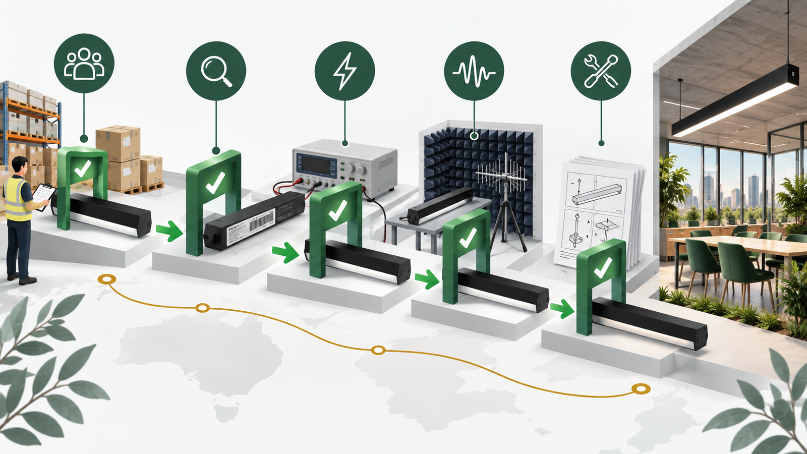 Workflow infographic showing an LED luminaire passing supplier evidence safety EMC and installation verification gates