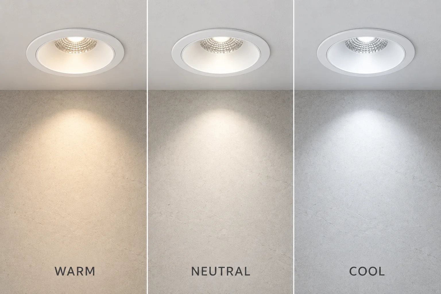 Warm neutral and cool light comparison from the same matte reflector recessed downlight