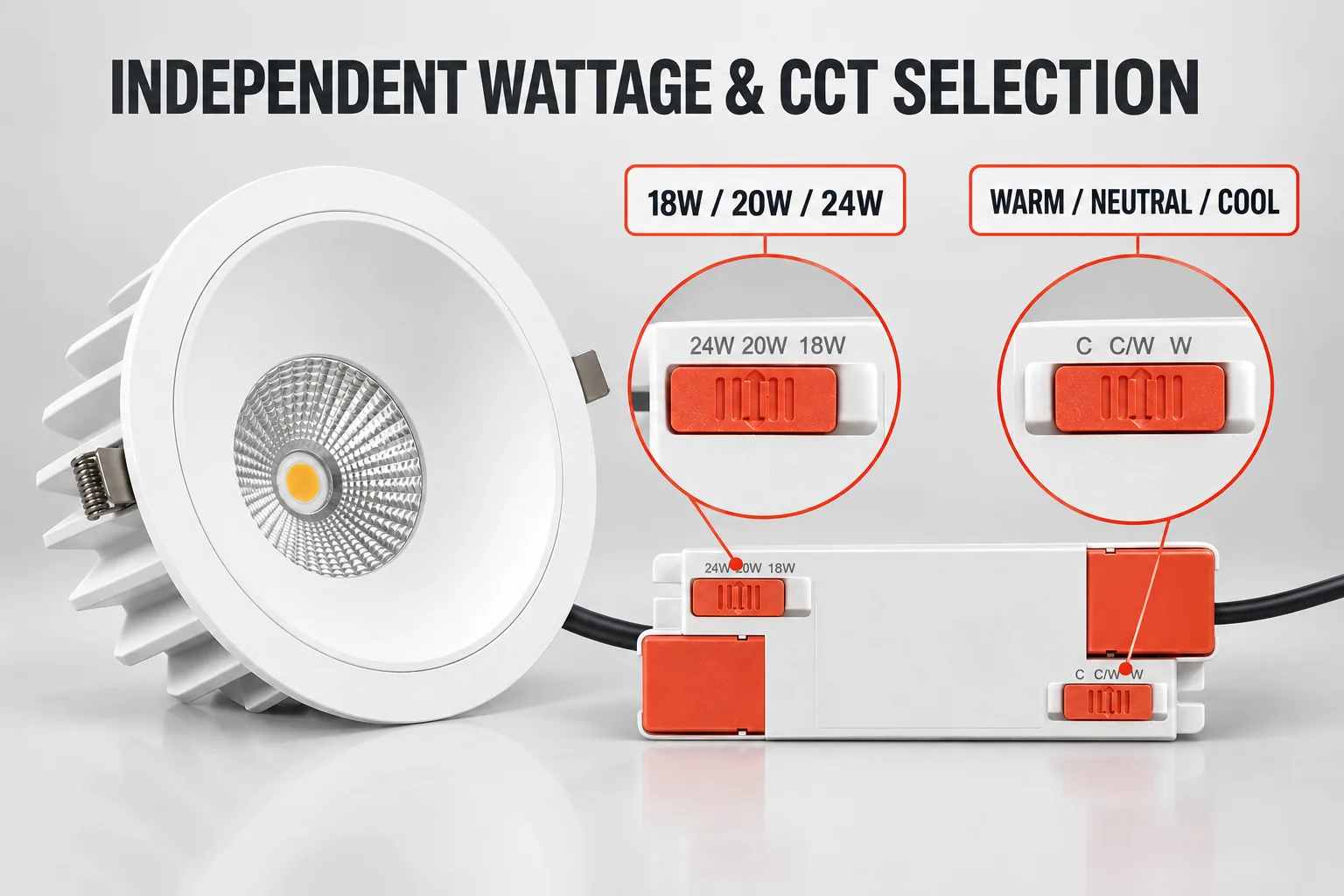 Separate selectors for 18 20 24 watt output and warm neutral cool colour temperature