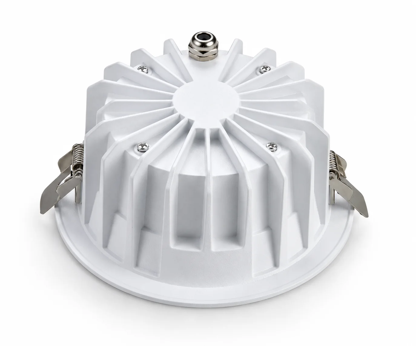 Radial die-cast aluminium heat sink and spring clips on the GT Series recessed downlight