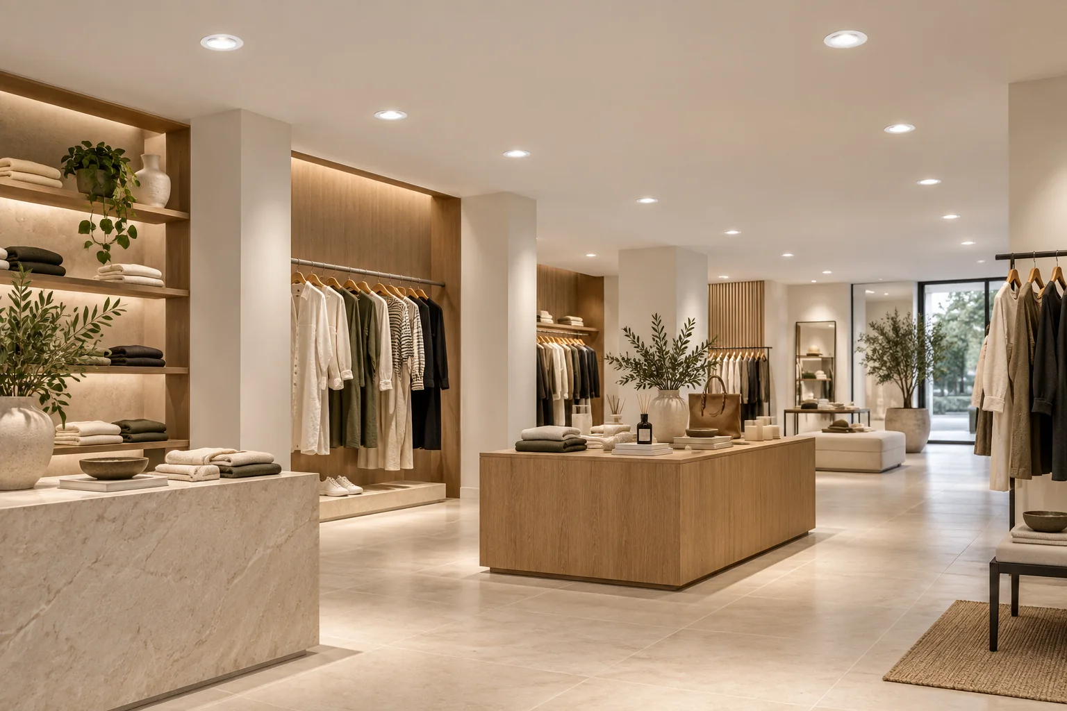 Matte reflector commercial downlights installed in a contemporary retail showroom