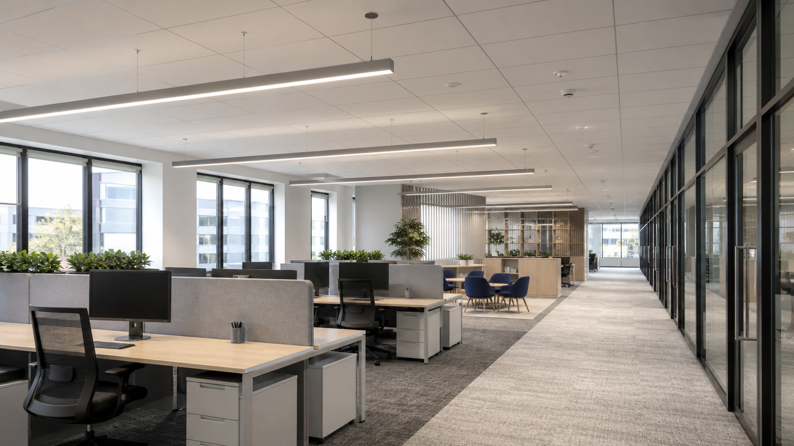 Office LED linear lighting with daylight occupancy and DALI control zones
