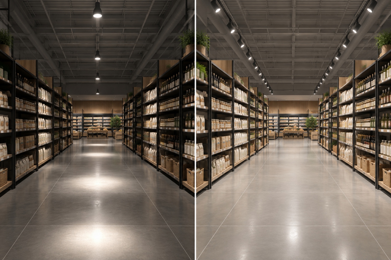 Comparison of poor and balanced retail track light spacing in the same aisle