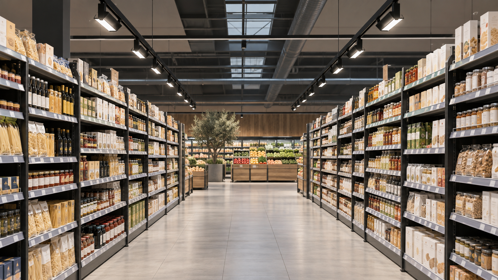 Retail aisle illuminated by adjustable LED linear track lights with balanced shelf lighting