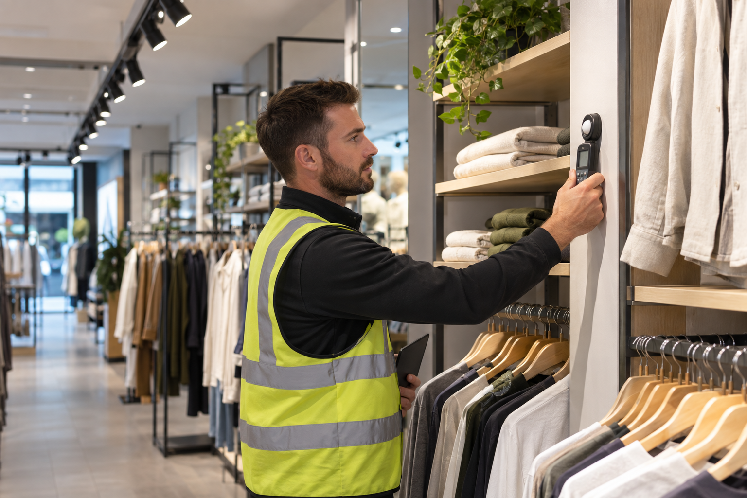Lighting technician measuring vertical illuminance on a retail merchandise display