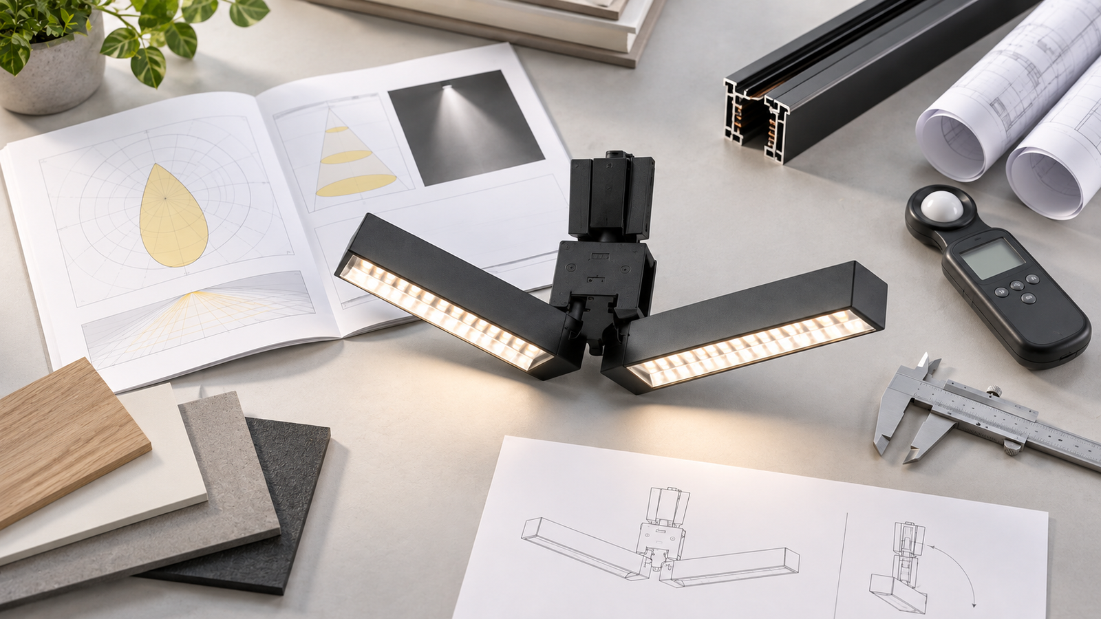 Adjustable LED linear track light sample reviewed with photometric reports and measuring tools