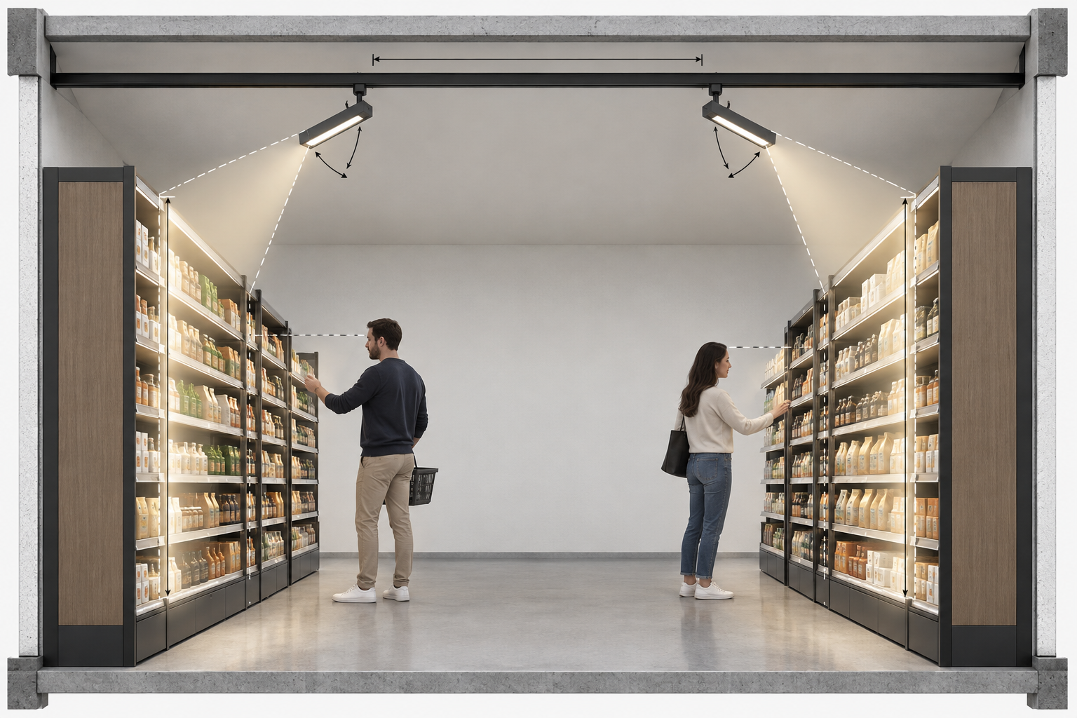 Retail aisle section diagram showing track position and light aimed at both vertical shelf faces
