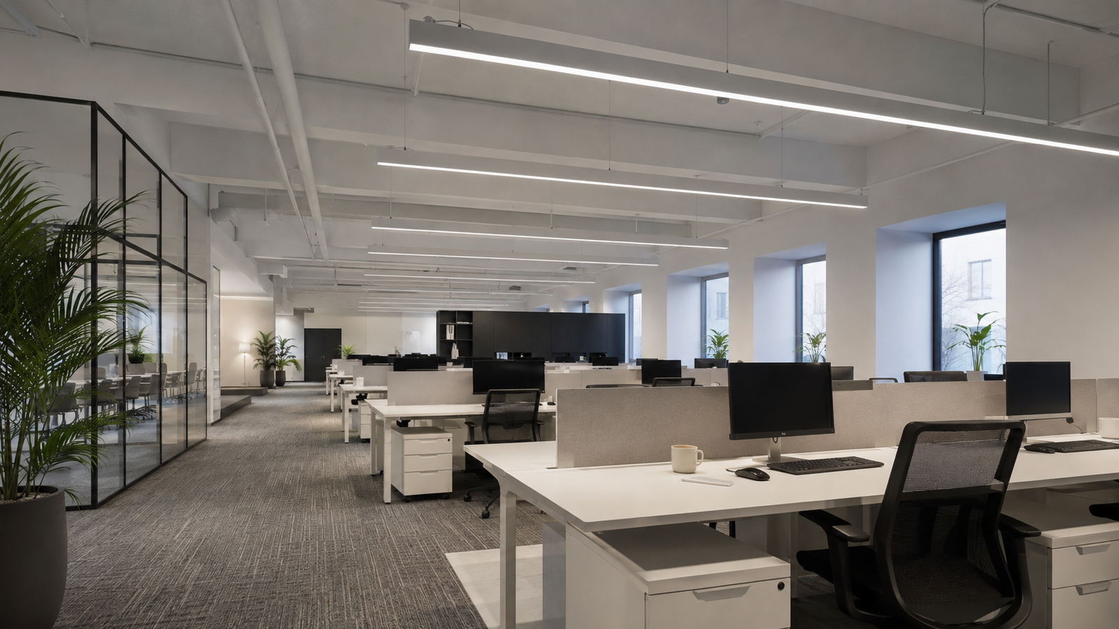 Low-glare suspended LED linear lighting in a modern office