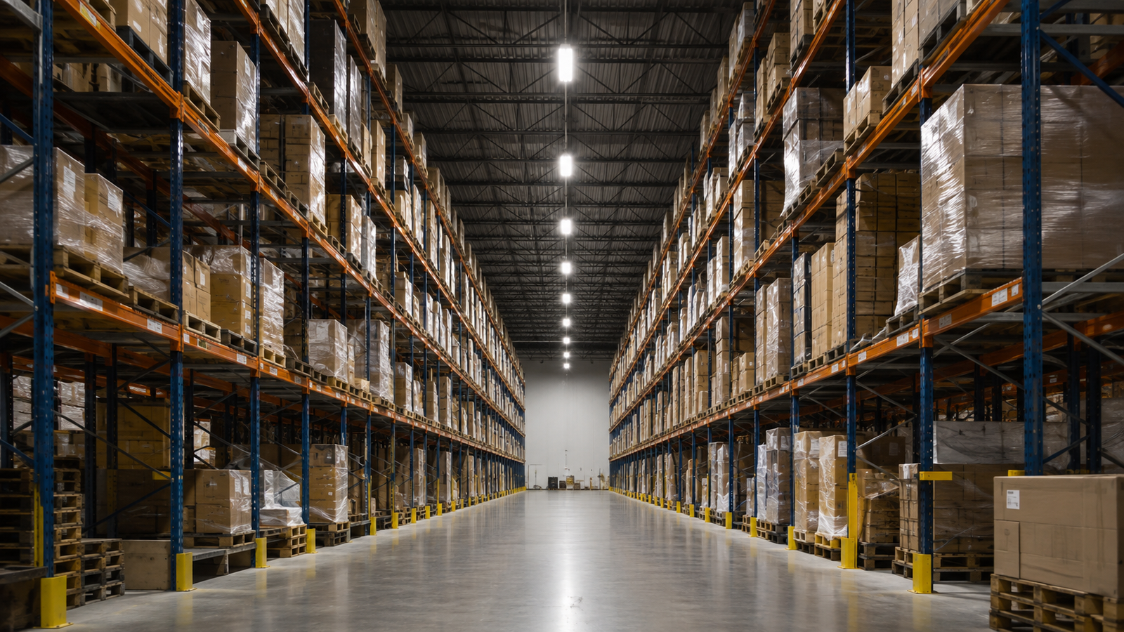 Warehouse aisle LED linear lighting with vertical rack illumination